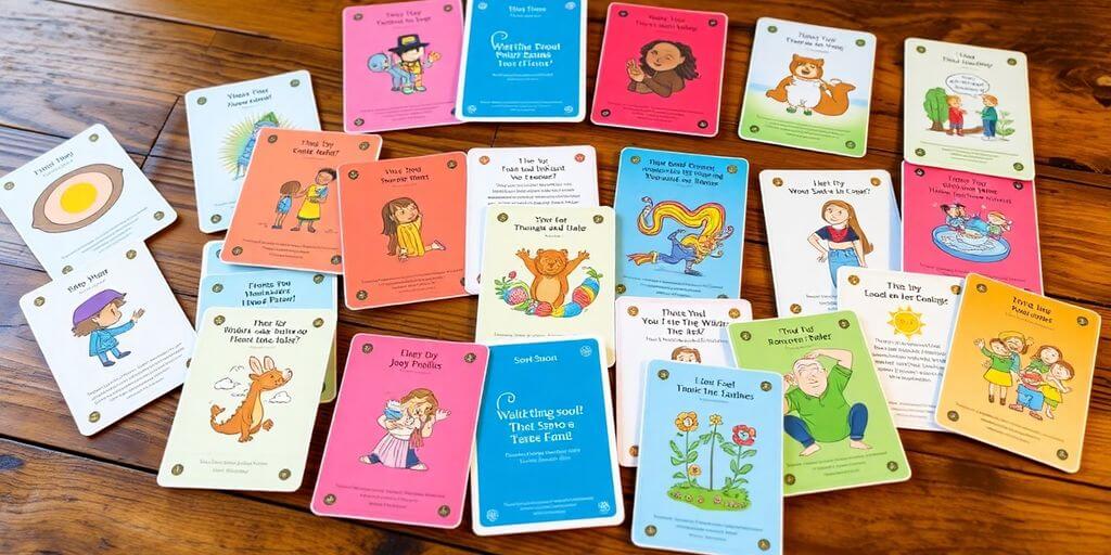 A collection of colourful storytelling cards on a table.